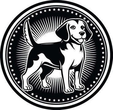 A black and white vector illustration of a happy beagle dog standing inside a circular emblem