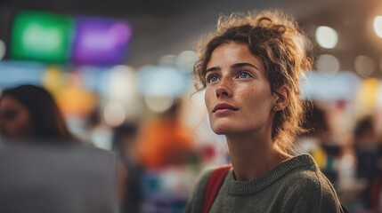 Fototapeta premium Curly-haired woman in green sweater looking up, surrounded by blurred lights.