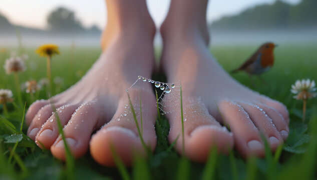 Person connects with nature as walks barefoot on a dewy meadow. Sparkling dew droplets cling to his feet skin and a tiny spiderweb with dewdrops shine between blades of grass. Peaceful morning harmony
