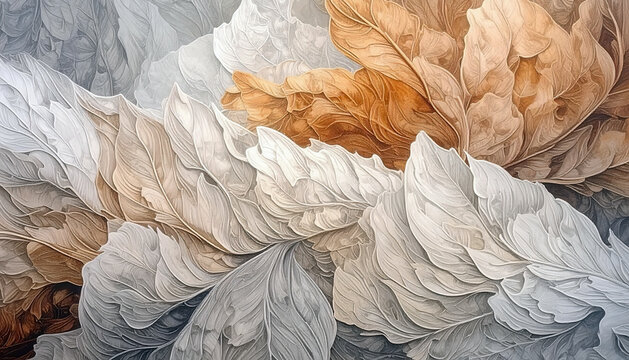 Sophisticated abstract background of a rhythmic arrangement of stylized, layered leaves. A subtle, elegant palette highlights the intricate, flowing veins and sculptural textures of organic movement