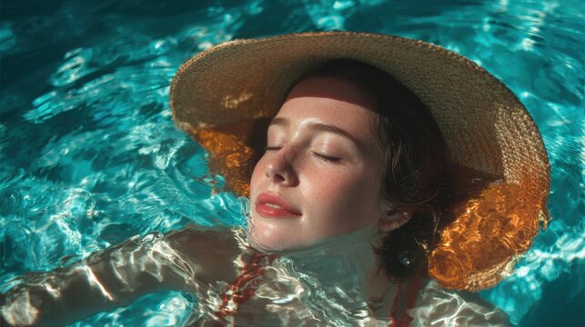Woman wearing straw hat floating face up in sunlit pool water