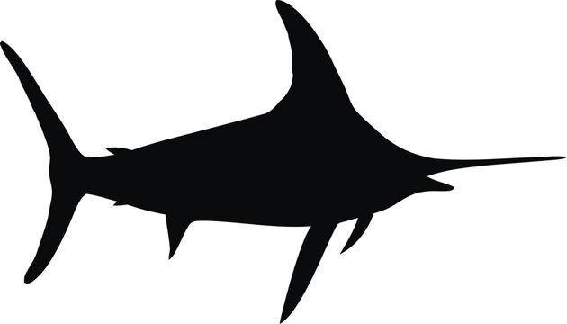 A sharp black silhouette of a swordfish isolated on a clean white background for graphic design
