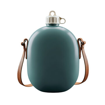 Vintage canteen with leather strap, isolated transparent background, outdoor adventure, military style.