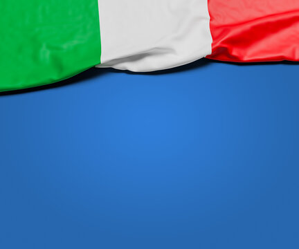 The wrinkled flag of Italy draped onto a flat blue background with shadow. Copy space for message