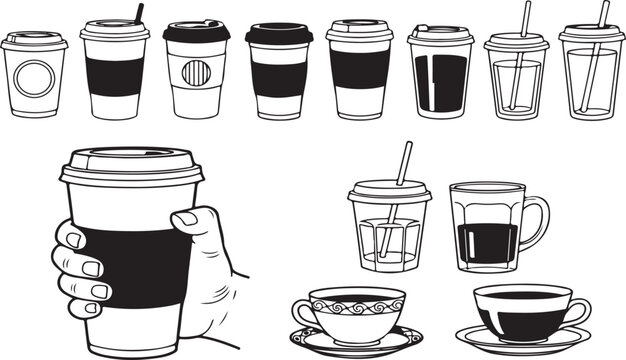 Assortment of coffee cups, each holding steaming, freshly brewed beverage. Various styles, from classic to-go cups with lids to delicate teacups and a hand holding.