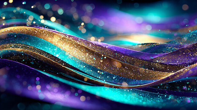 Glitter Teal Violet Golden Wave Stripes Design. Sparkle Motion Lines with bokeh effect background	