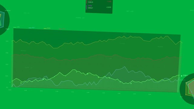 Zigzag line starting stacked chart shifting and growing, showing metrics on transparent HUD grid