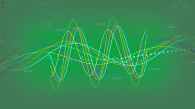 Starting left arcs sending colorful lines waving toward center on gray field, turquoise dotted line
