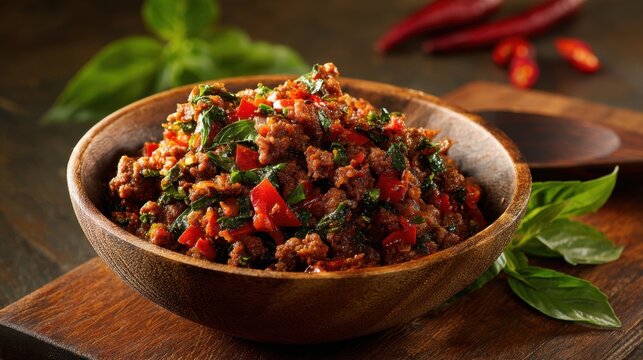 Spiced ground meat with herbs served in wooden bowl