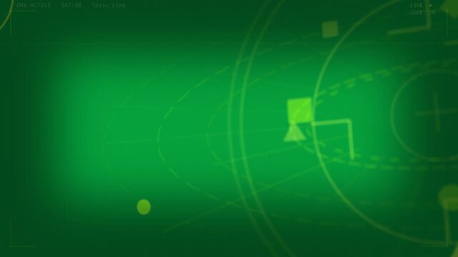 Scan pulse starting neon icons orbiting dashed lanes joining on reticle for tracking on clear plane