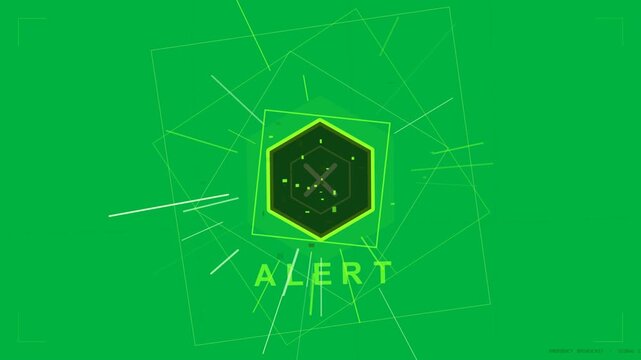 Neon hexagon activating on signal, bursting spikes, rotating frames, ALERT on transparent bg