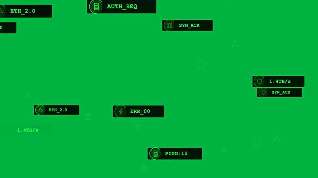 Corner tags spawning neon PING:12 and ERR_00 migrating, settling visualizing network on transparent
