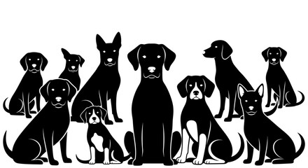 A captivating silhouette of a diverse group of dogs, showcasing various breeds and sizes, all in a striking black and white contrast. © Shin