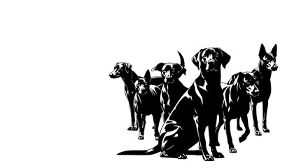A group of various dogs depicted in a striking silhouette style. © Shin