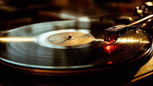 Close up of vintage vinyl record spinning on a retro turntable