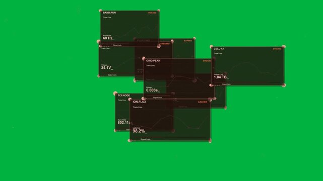 1st panel appearing HUD panels spawning stacking dispersing while showing metrics on transparent bg