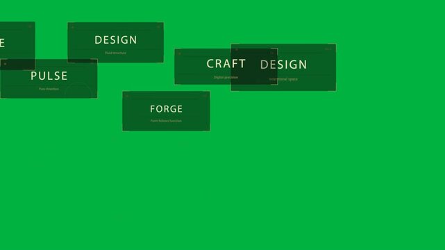 Dotted grid appearing, title panels sliding, stacking on transparent, gold icons presenting design