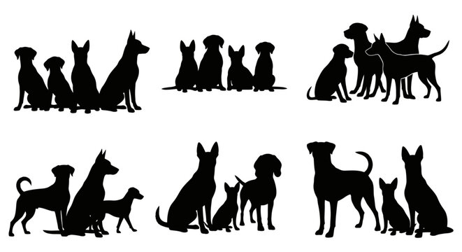 Collection of various dog breed silhouettes in different poses.