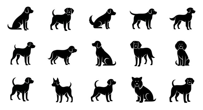 Collection of various dog breed silhouettes in different poses.