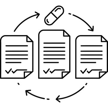 Medical research process icon: documents, capsule, workflow arrows, drug discovery, clinical trials, pharma development, healthcare