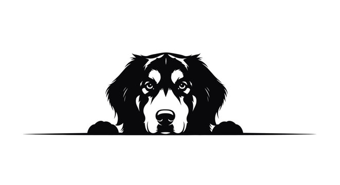 Black and white vector illustration of a dog peeking over a line.