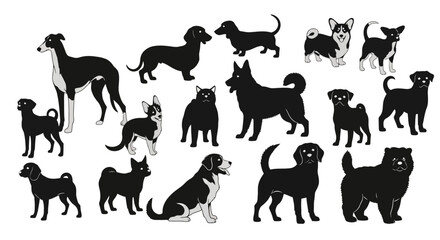 Collection of various dog breeds silhouettes, different sizes and shapes, standing and sitting poses, isolated on white background. © Hiroto