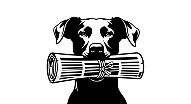 Dog holding a rolled newspaper in its mouth black and white illustration.