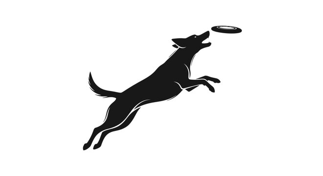 Dynamic silhouette of a dog leaping to catch a frisbee in mid-air.