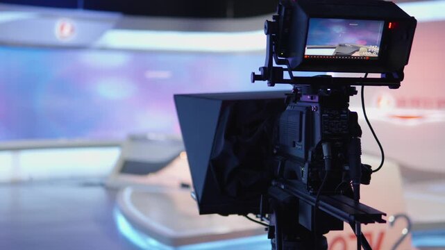 Professional cameras with teleprompters actively capturing the scene within modern television news studio, ready for live production and media broadcasting