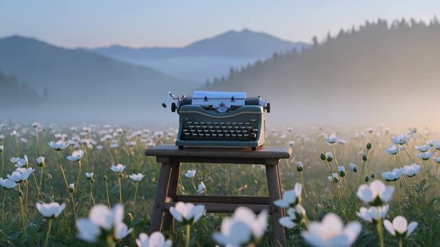 An old typewriter sits on a wooden stool in a serene mountain meadow filled with white wildflowers at sunrise.