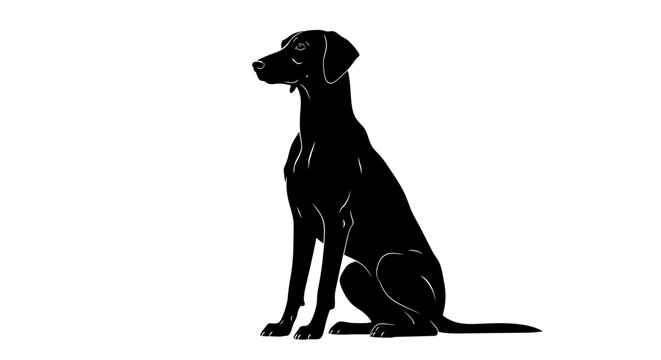 Elegant Black Dog Silhouette Sitting Gracefully on White Background.