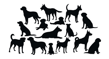 Fototapeta premium Diverse collection of dog breed silhouettes in various poses on a white background.