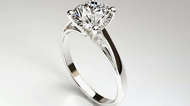 Glamorous and shiny diamond engagement ring rotating slowly on a white background, a precious jewel representing a symbol of love, marriage, romance, and commitment for a wedding proposal