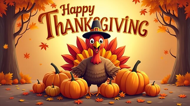 Cartoon turkey surrounded by pumpkins and acorns, vibrant colors and playful holiday atmosphere