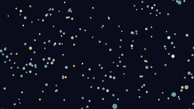 Abstract animated background with floating and chaotically fast moving yellow and blue round particles on dark background