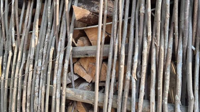 Horizontal movement along rustic wooden fence made of thin branches with stacked firewood behind, natural texture and countryside setting, concept of rural life and handmade structure