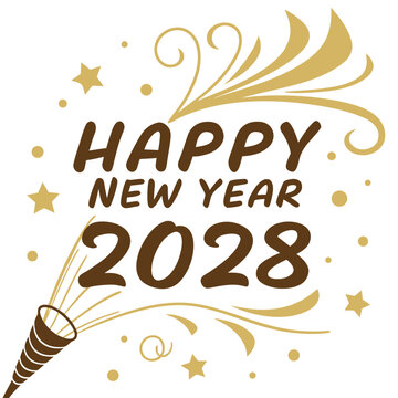 A celebratory graphic displays the text happy new year 2028 with festive elements like stars and a party horn
