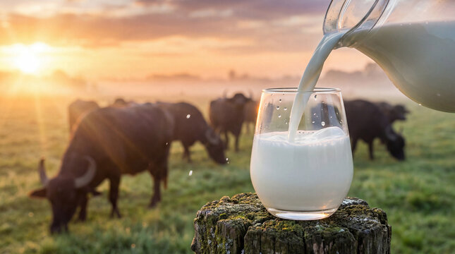 Fresh milk being poured into a glass on a rustic wooden post, with grazing dairy buffaloes at a golden sunrise