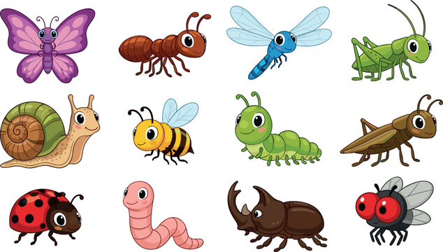 Cute cartoon insects and bugs vector set with butterfly, ant, dragonfly, grasshopper, snail, bee and colorful characters illustration collection