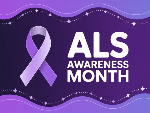 Als awareness month banner with purple ribbon on dark purple background