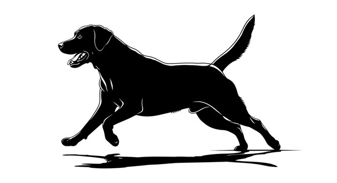 Silhouette of a running black Labrador Retriever on a white background.