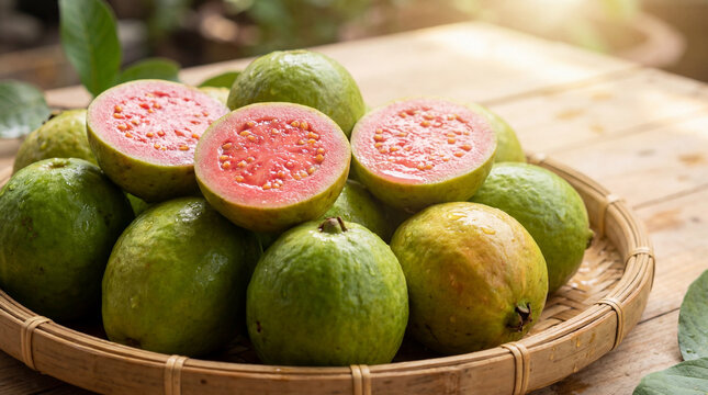 Freshly cut and whole pink guavas in a rustic basket, ready to eat. Healthy tropical fruit for a vibrant diet