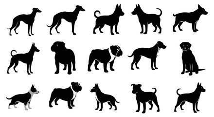 Silhouettes of various dog breeds in different poses, showcasing their unique shapes and characteristics. © Dika