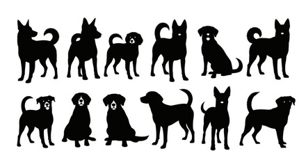 Fototapeta premium Silhouettes of various dog breeds in different poses, showcasing their unique shapes and characteristics.