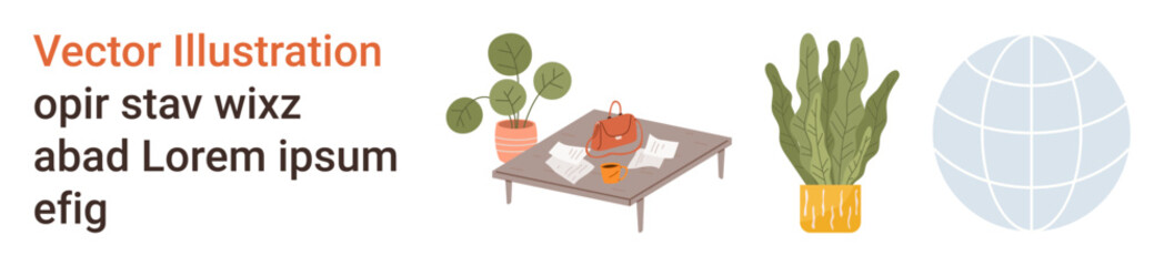 Obraz premium Interior decor, lifestyle, workspace organization, home styling, minimalism, global concept. Table with documents, indoor plants globe and a red bag. Interior decor and lifestyle inspirations