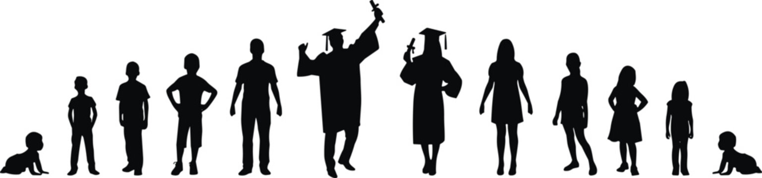 Silhouette illustration showing human life stages from baby to adulthood and graduation representing growth, development, education, and aging concept process