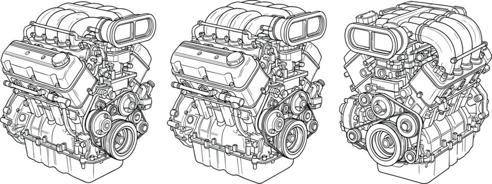 Detailed internal combustion car engine technical line art vector illustration with v8 motor block intake manifold and belt drive for automotive engineering