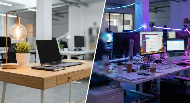 Productive and clean office desk versus messy and distracting work environment.