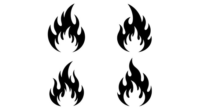Four black fire flame icons set on a white background.