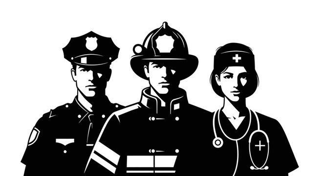 First responders - police officer, firefighter, and nurse standing together, black and white illustration.